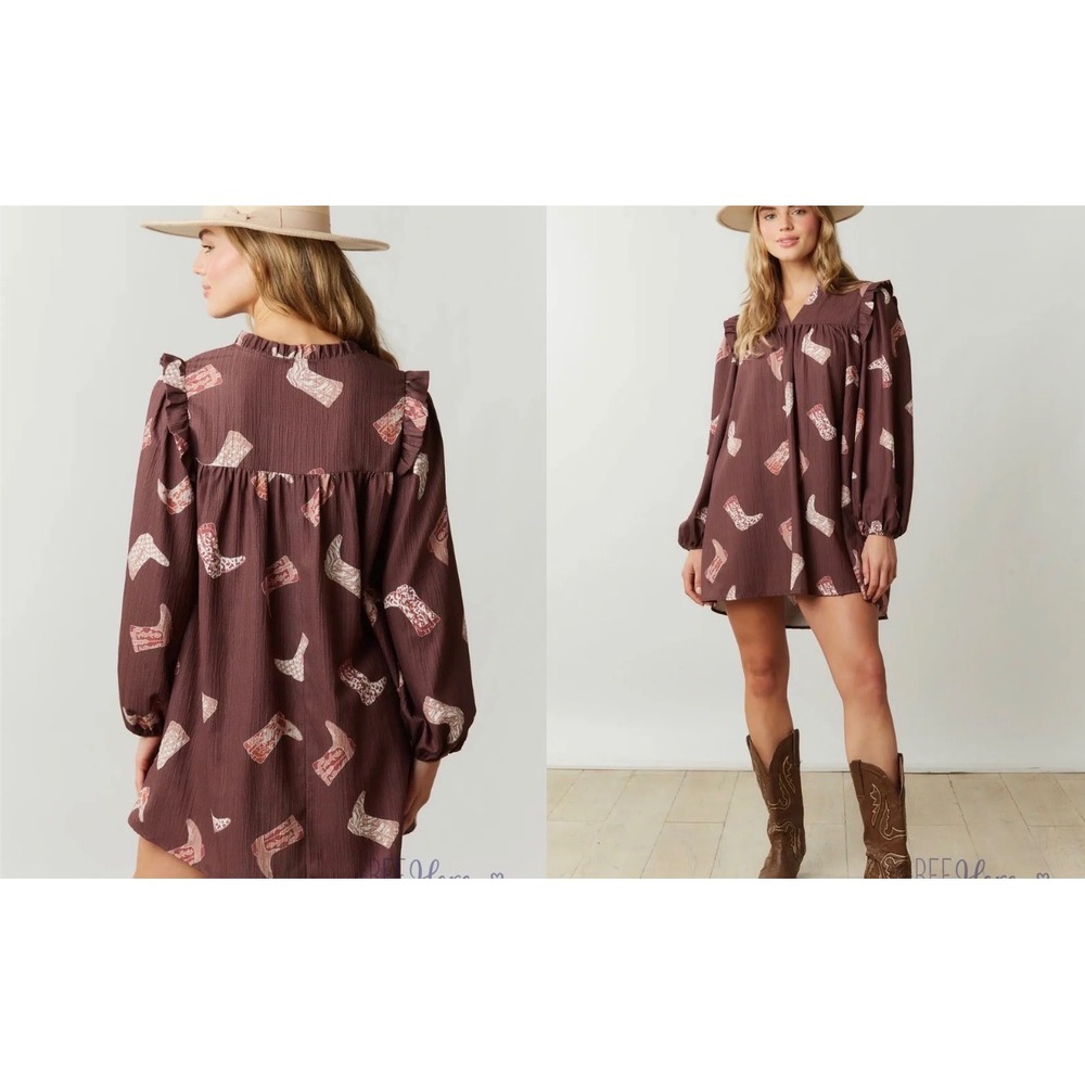 Fantastic‎ Fawn Brown Cowboy Boot Print Babydoll Dress Western Rodeo Boho L